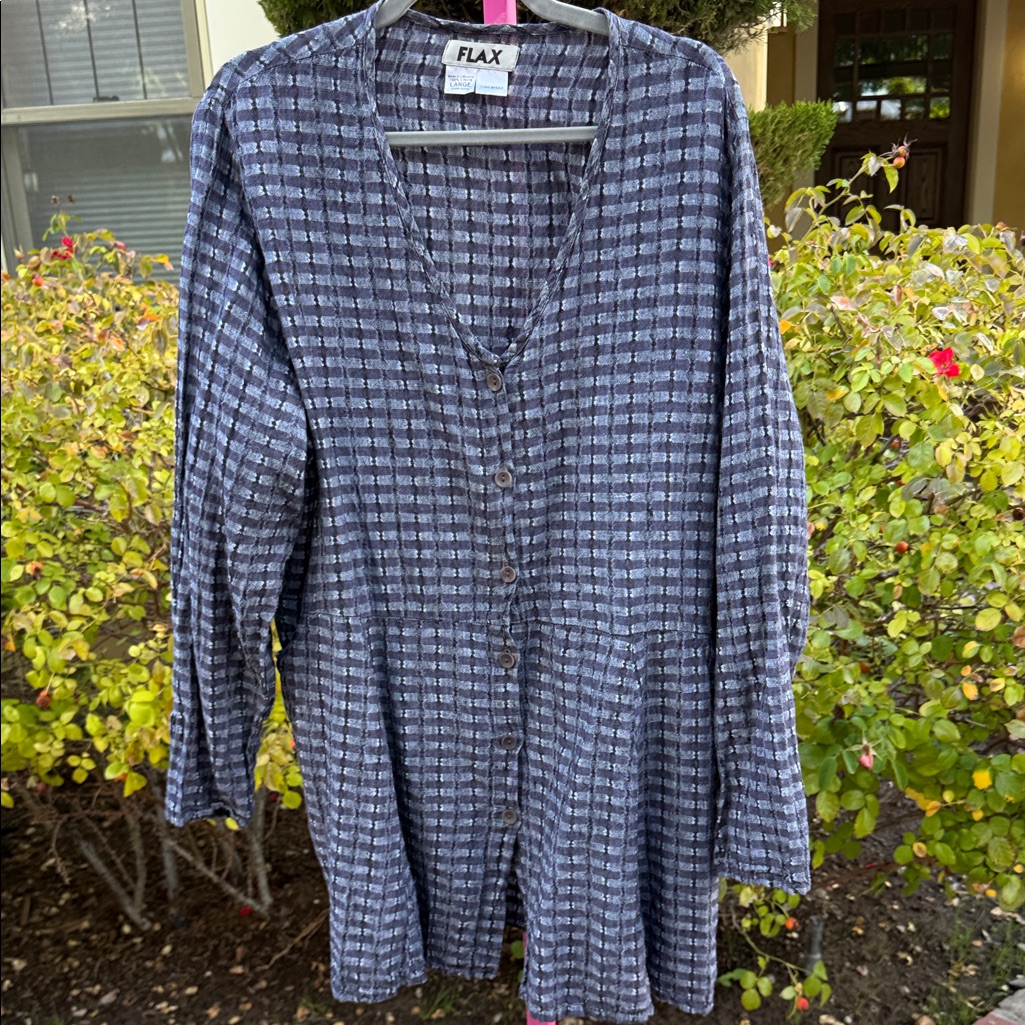 Flax Linen Tunic Dress In Midnight & Slate Check Size L